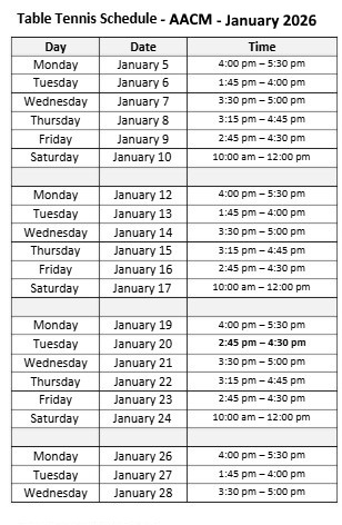 AACM Jan 2026 Table Tennis Schedule image source: AACM